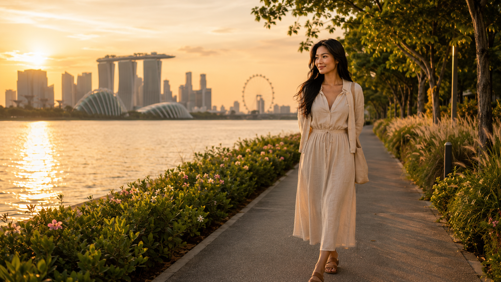 Mila walking along a waterfront path at golden hour with the Singapore skyline behind her
