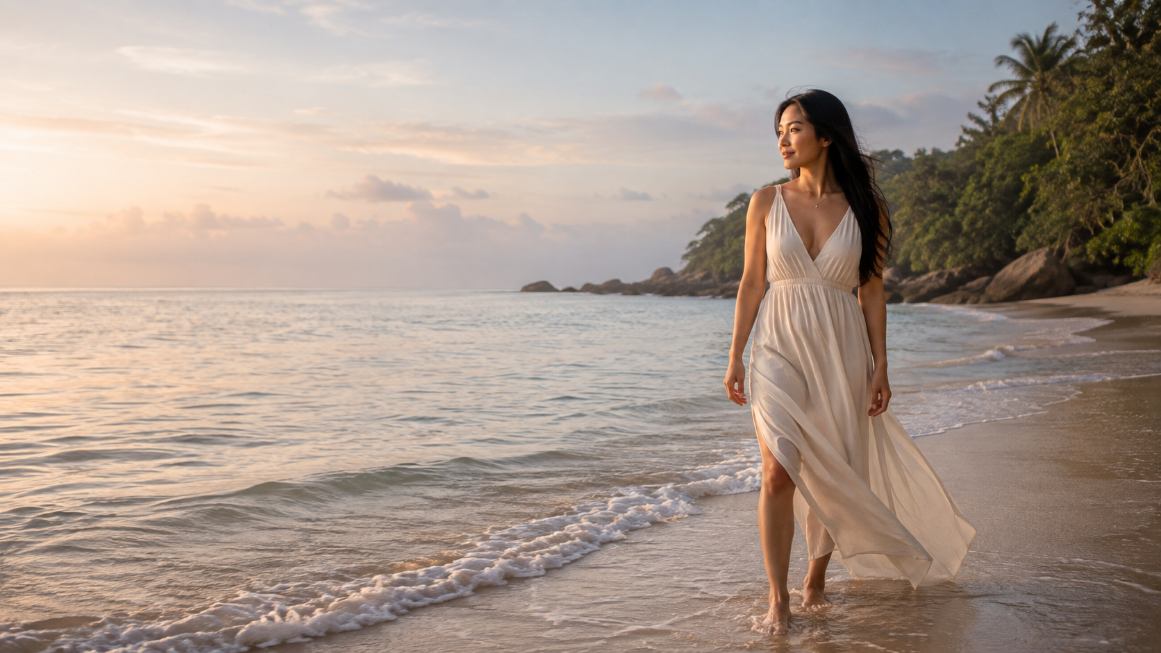 Mila walking barefoot along the shoreline at sunrise, waves washing over the sand