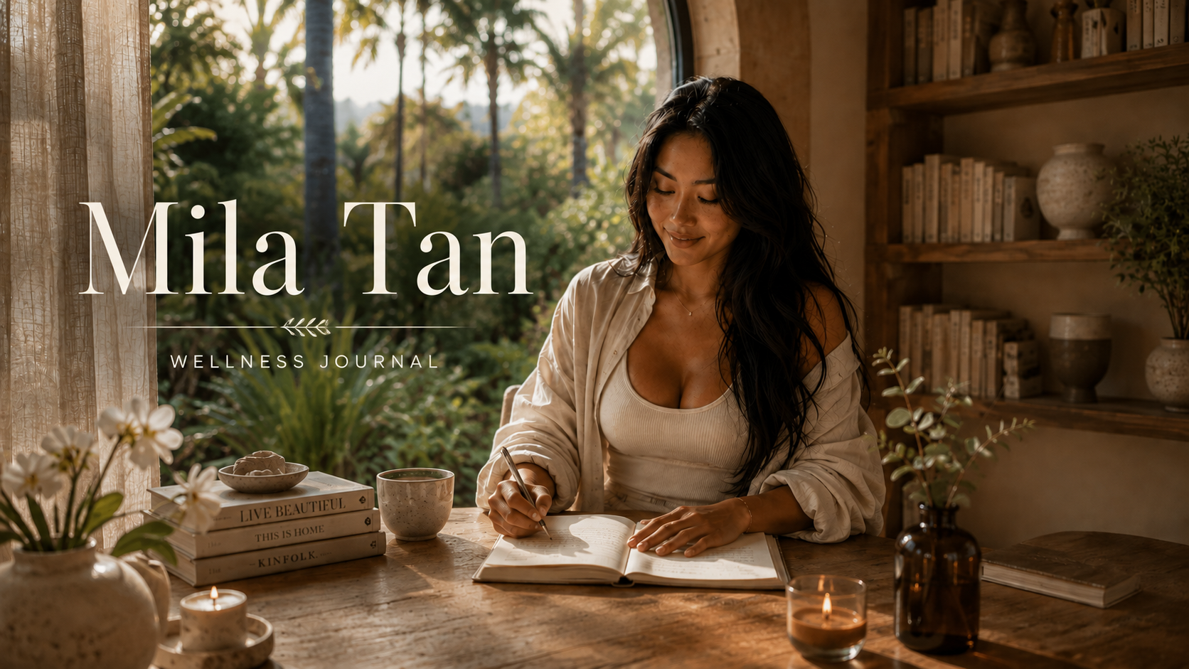 Mila Tan writing in her journal at a sunlit wooden desk surrounded by books, candles, and soft tropical light