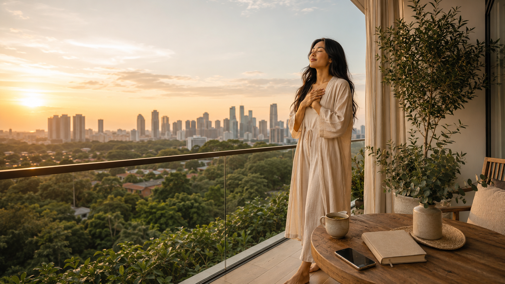 Mila standing on a balcony at sunrise with a hand on her chest, breathing slowly