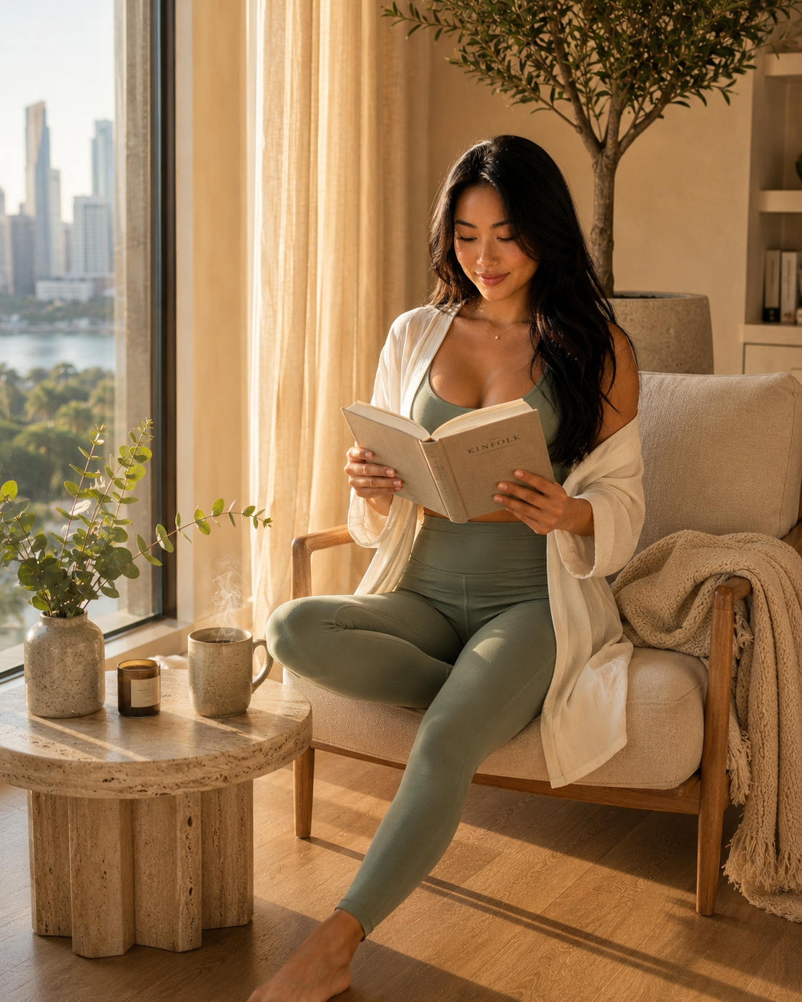 Mila Tan reading in a sunlit chair with coffee and eucalyptus nearby