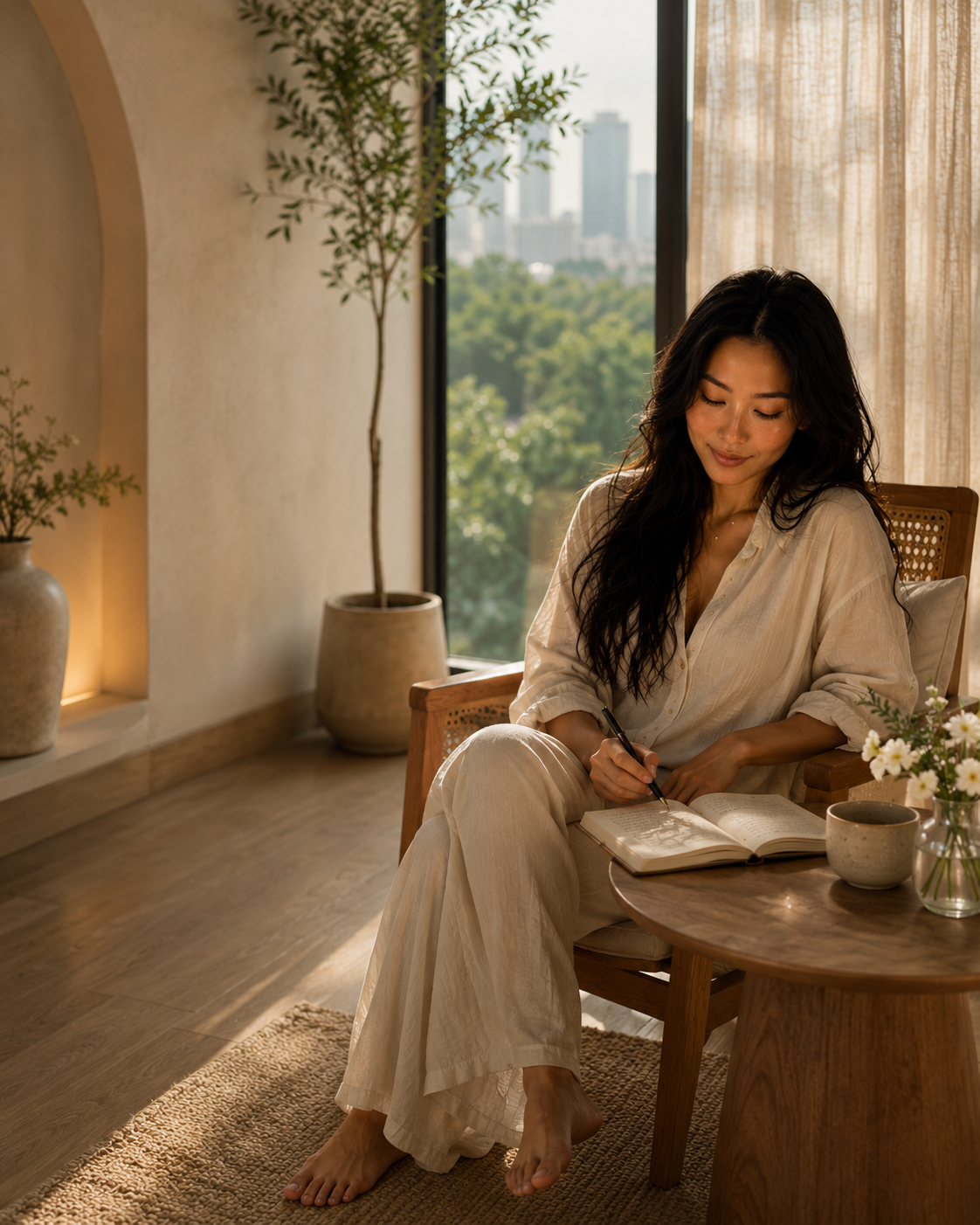 Morning pages by the window, the city soft beyond the trees.