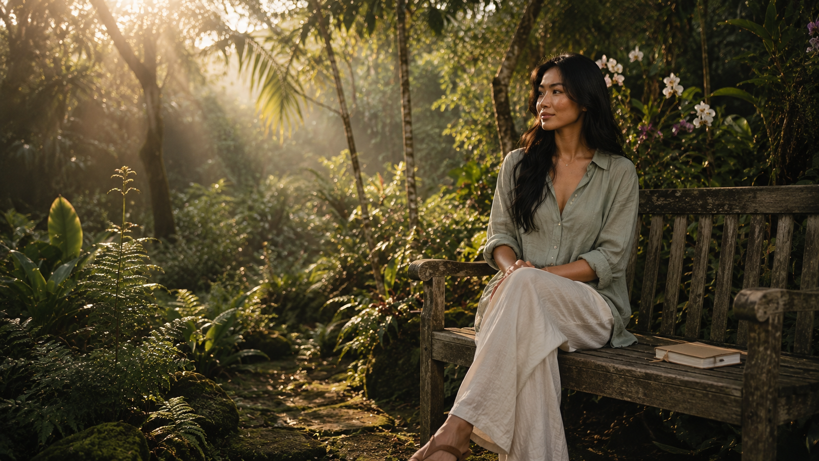 Mila sitting on a weathered wooden bench in a sunlit tropical garden with a journal beside her